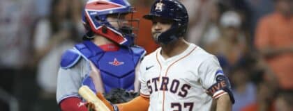 Houston Astros left fielder Jose Altuve (27) reacts after striking out during the sixth inning against the Toronto Blue Jays at Daikin Park.