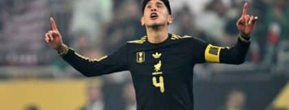 Mexico midfielder Edson Alvarez (4) reacts after scoring a goal against the United States of America during the 2025 Gold Cup Final at NRG Stadium.