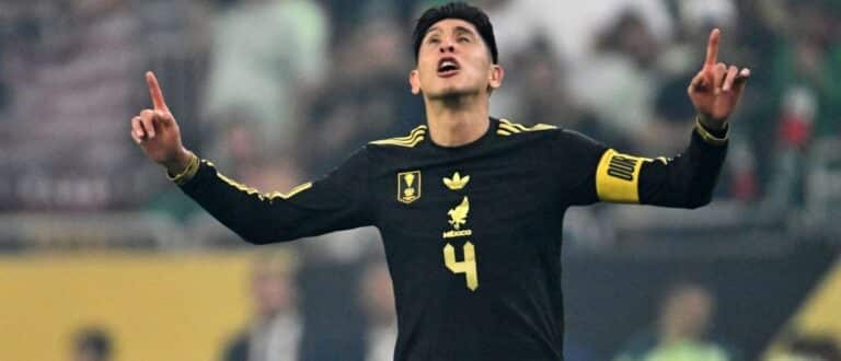 Mexico midfielder Edson Alvarez (4) reacts after scoring a goal against the United States of America during the 2025 Gold Cup Final at NRG Stadium.
