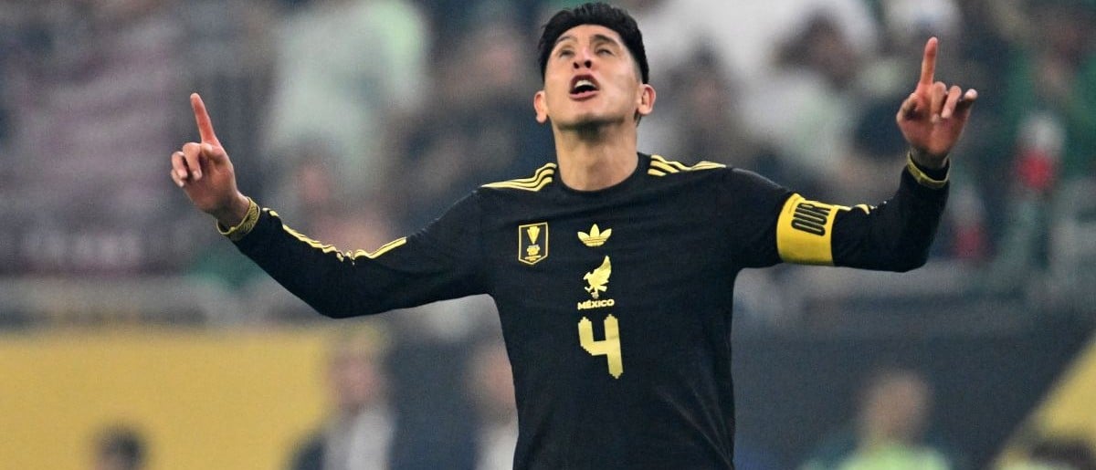 Mexico midfielder Edson Alvarez (4) reacts after scoring a goal against the United States of America during the 2025 Gold Cup Final at NRG Stadium.