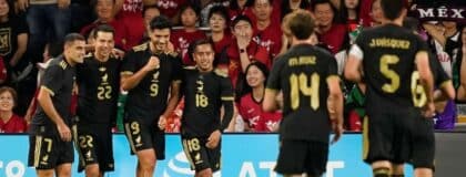 Mexico forward Raul Jimenez (9) celebrates his goal against South Korea during the first half of an international friendly soccer match at Geodis Park in Nashville, Tenn., Tuesday, Sept. 9, 2025.