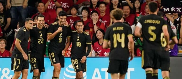 Mexico forward Raul Jimenez (9) celebrates his goal against South Korea during the first half of an international friendly soccer match at Geodis Park in Nashville, Tenn., Tuesday, Sept. 9, 2025.