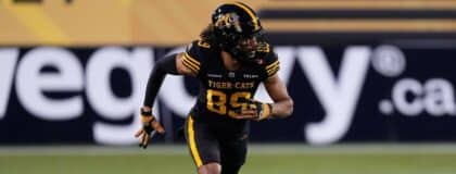 Hamilton Tiger-Cats wide receiver Kenny Lawler (89) runs a pass pattern against the Montreal Alouettes at Hamilton Stadium.