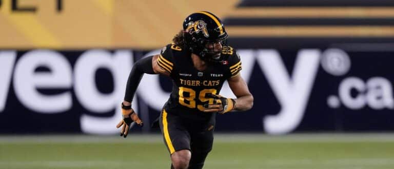 Hamilton Tiger-Cats wide receiver Kenny Lawler (89) runs a pass pattern against the Montreal Alouettes at Hamilton Stadium.