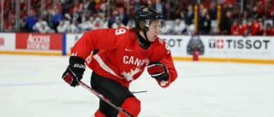 Canada forward Gavin McKenna (9) in action against Finland during the second period in group play during the 2026 IIHF World Junior Championship at 3M Arena