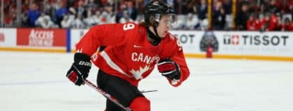 Canada forward Gavin McKenna (9) in action against Finland during the second period in group play during the 2026 IIHF World Junior Championship at 3M Arena