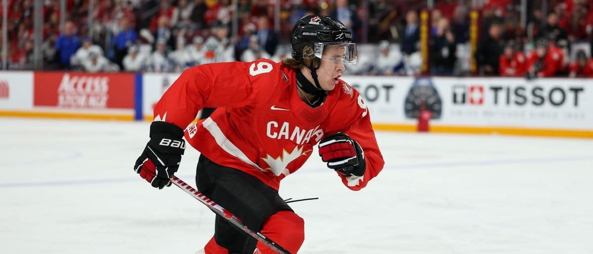 Canada forward Gavin McKenna (9) in action against Finland during the second period in group play during the 2026 IIHF World Junior Championship at 3M Arena
