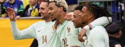 France forward Hugo Ekitike (22) celebrates his goal against Brazil with midfielder Adrien Rabiot (14), forward Kylian Mbappe (10) and forward Michael Olise (11) (right) during the second half at Gillette Stadium