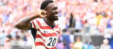 United States forward Folarin Balogun (20) reacts after scoring a goal in the seconjd half at Bank of America Stadium