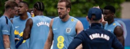 Forward Harry Kane, center, walks the field as the England national football team works out at The Gardens North County District Park in Palm Beach Gardens, Fla., on June 2, 2026.