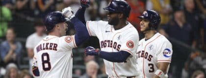 Houston Astros designated hitter Yordan Alvarez (44) celebrates with first baseman Christian Walker (8) after hitting a home run during the first inning against the Pittsburgh Pirates at Daikin Park