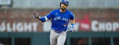 Toronto Blue Jays left fielder Nathan Lukes (38) reacts after hitting a home run against the Atlanta Braves during the third inning at Truist Park.