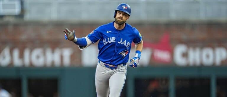 Toronto Blue Jays left fielder Nathan Lukes (38) reacts after hitting a home run against the Atlanta Braves during the third inning at Truist Park.