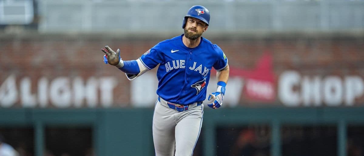 Toronto Blue Jays left fielder Nathan Lukes (38) reacts after hitting a home run against the Atlanta Braves during the third inning at Truist Park.