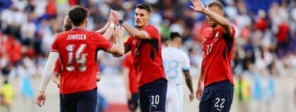 Czechia forward Patrik Schick (10) celebrates with teammates after scoring a goal against Guatemala during the first half at Sports Illustrated Stadium.