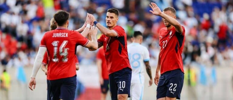 Czechia forward Patrik Schick (10) celebrates with teammates after scoring a goal against Guatemala during the first half at Sports Illustrated Stadium.