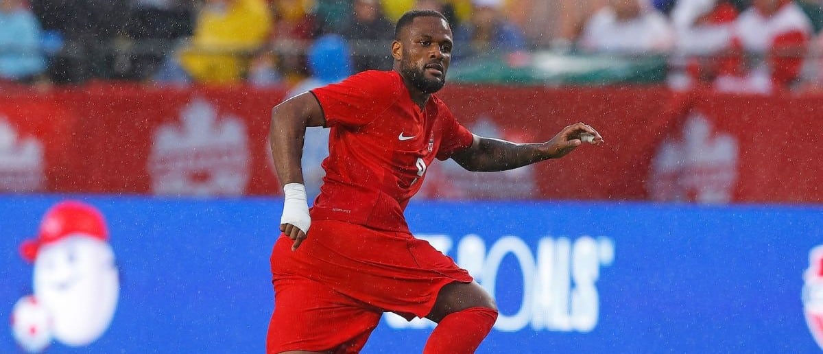 Team Canada forward Cyle Larin (9) follows the play in a game against Uzbekistan at Commonwealth Stadium
