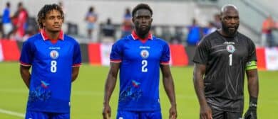Headshots of Haiti defender Martin Experience (8), Haiti defender Carlens Arcus (2), and Haiti goalkeeper Johny Placide (1) against Peru at Nu Stadium
