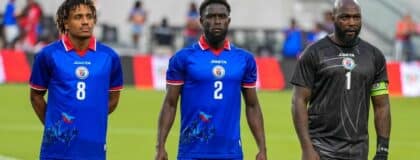 Headshots of Haiti defender Martin Experience (8), Haiti defender Carlens Arcus (2), and Haiti goalkeeper Johny Placide (1) against Peru at Nu Stadium
