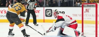 Carolina Hurricanes goaltender Brandon Bussi (32) makes a save against a penalty shot by Vegas Golden Knights right wing Mitch Marner (93) during the third period in game three of the 2026 Stanley Cup Final at T-Mobile Arena