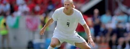 Norway forward Erling Haaland (9) during the first half of a Road to 26 men's international friendly against Morocco at Sports Illustrated Stadium.