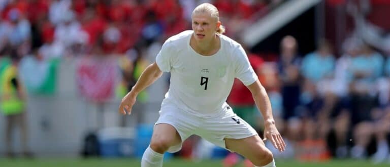 Norway forward Erling Haaland (9) during the first half of a Road to 26 men's international friendly against Morocco at Sports Illustrated Stadium.