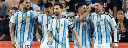 Argentina forward Lionel Messi (10) celebrates with his team as Argentina takes on Iceland in a World Cup Friendly match at Jordan-Hare Stadium in Auburn, Ala. on Tuesday, June 9, 2026. Argentina defeated Iceland 3-0.