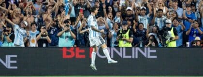 Argentina forward Lionel Messi (10) celebrates his goal as Argentina takes on Iceland in a World Cup Friendly match at Jordan-Hare Stadium in Auburn, Ala. on Tuesday, June 9, 2026. Argentina defeated Iceland 3-0.