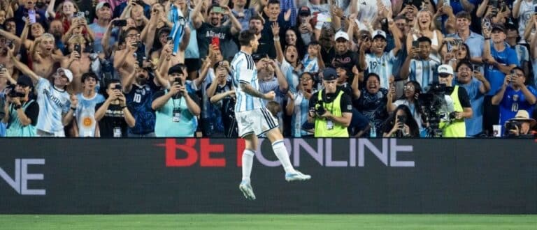 Argentina forward Lionel Messi (10) celebrates his goal as Argentina takes on Iceland in a World Cup Friendly match at Jordan-Hare Stadium in Auburn, Ala. on Tuesday, June 9, 2026. Argentina defeated Iceland 3-0.