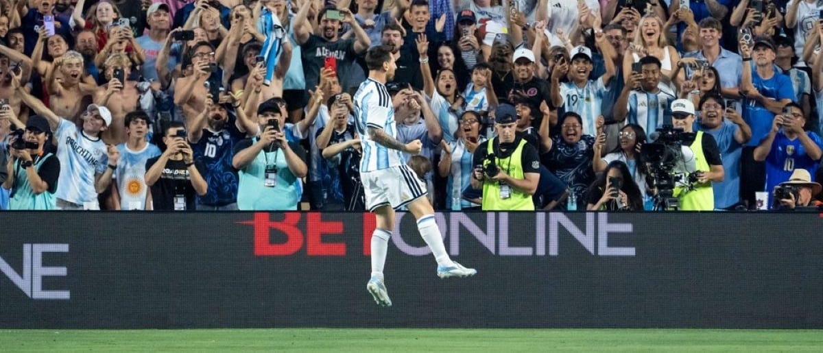 Argentina forward Lionel Messi (10) celebrates his goal as Argentina takes on Iceland in a World Cup Friendly match at Jordan-Hare Stadium in Auburn, Ala. on Tuesday, June 9, 2026. Argentina defeated Iceland 3-0.