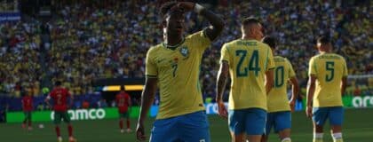 Brazil forward Vinicius Junior (7) celebrates scoring their first goal during a Group C match of the 2026 FIFA World Cup against Morocco at New York New Jersey Stadium.