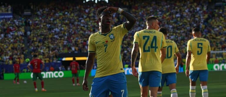 Brazil forward Vinicius Junior (7) celebrates scoring their first goal during a Group C match of the 2026 FIFA World Cup against Morocco at New York New Jersey Stadium.