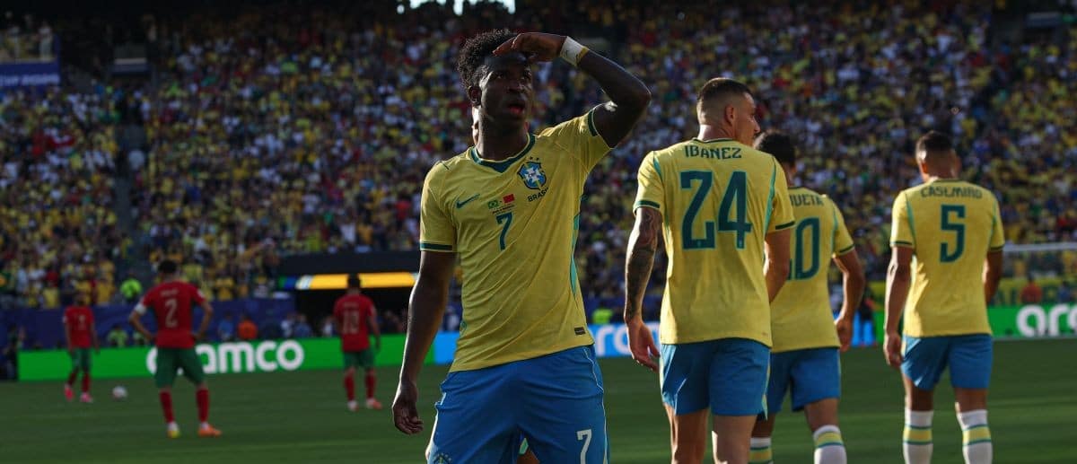 Brazil forward Vinicius Junior (7) celebrates scoring their first goal during a Group C match of the 2026 FIFA World Cup against Morocco at New York New Jersey Stadium.