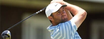 Scottie Scheffler plays a tee shot on hole 14 during a practice round for the U.S. Open golf tournament.