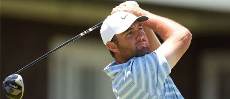 Scottie Scheffler plays a tee shot on hole 14 during a practice round for the U.S. Open golf tournament.