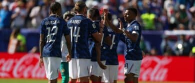 France players celebrate after a Group I match of the 2026 FIFA World Cup against Senegal at New York New Jersey Stadium
