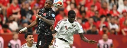 Canada forward Cyle Larin (9) goes up for a header against q4- during the second half during a Group B match in the 2026 FIFA World Cup at BC Place Vancouver.