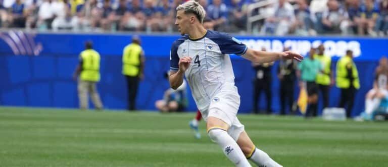 Bosnia and Herzegovina defender Tarik Muharemovic (4) during a Group B match against Switzerland in the FIFA World Cup 2026 at Los Angeles Stadium