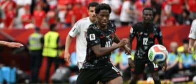 Canada forward Jonathan David (10) has an eye on the ball during the second half against Qatar a Group D match in the 2026 FIFA World Cup at BC Place Vancouver.