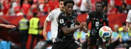Canada forward Jonathan David (10) has an eye on the ball during the second half against Qatar a Group D match in the 2026 FIFA World Cup at BC Place Vancouver.
