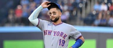 New York Mets third baseman Bo Bichette (19) acknowledges fans applause after watching a video tribute before playing his former club the Toronto Blue Jays at Rogers Centre.