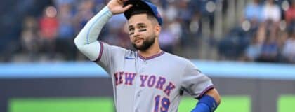 New York Mets third baseman Bo Bichette (19) acknowledges fans applause after watching a video tribute before playing his former club the Toronto Blue Jays at Rogers Centre.