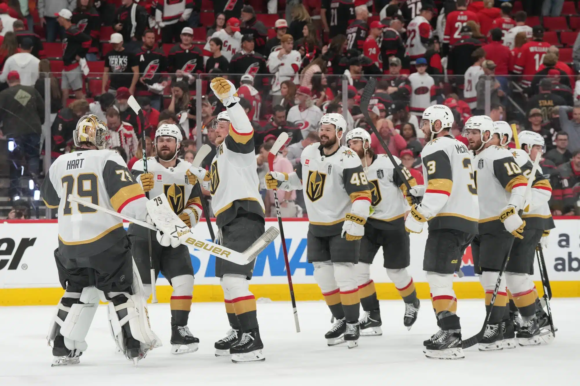 Jun 2, 2026; Raleigh, North Carolina, USA; Vegas Golden Knights celebrate the win against the Carolina Hurricanes in game one of the 2026 Stanley Cup Final at Lenovo Center.