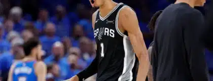 May 30, 2026; Oklahoma City, Oklahoma, USA; San Antonio Spurs forward Victor Wembanyama (1) reacts in the fourth quarter against the Oklahoma City Thunder during game seven of the western conference finals for the 2026 NBA playoffs at Paycom Center.