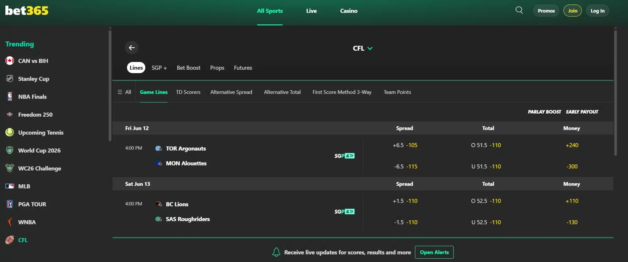 A screenshot of bet365 displaying CFL Betting odds