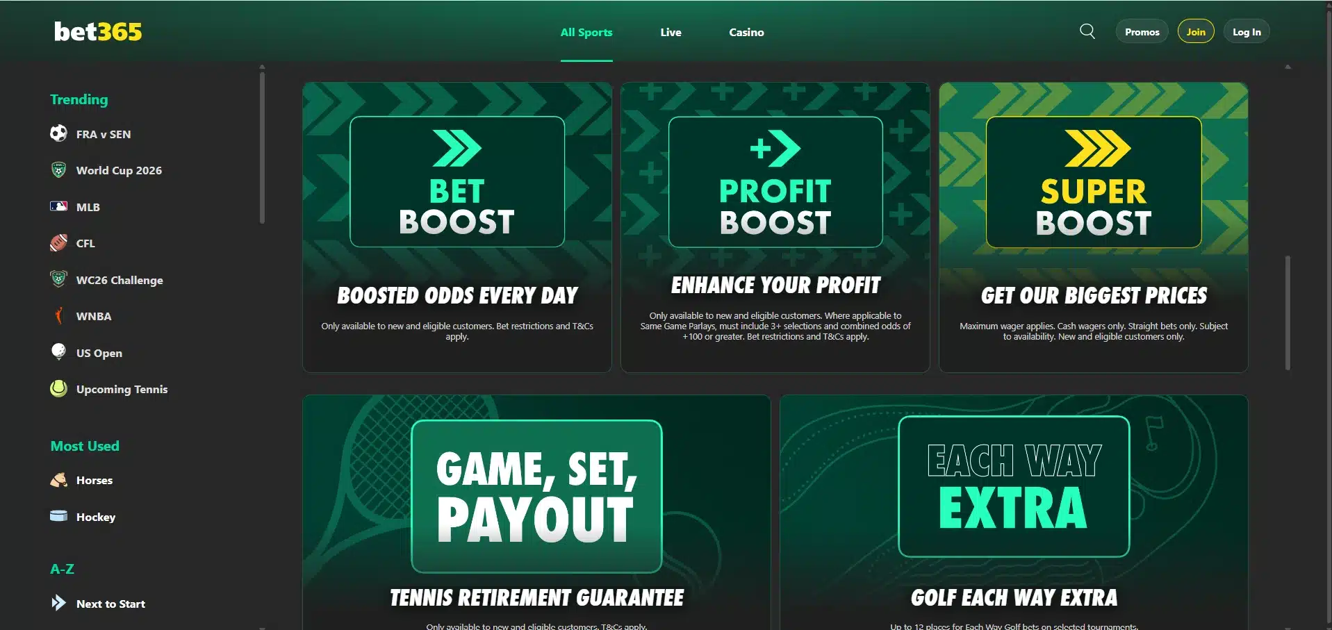 A desktop view screenshot of bet365's ongoing promotions page.