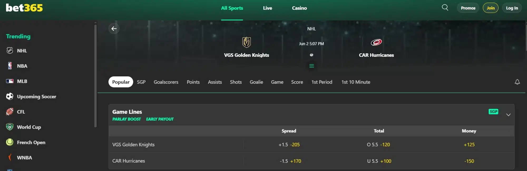 A scrrenshot of bet365 displaying odds for game 1 of the Stanley Cup finals