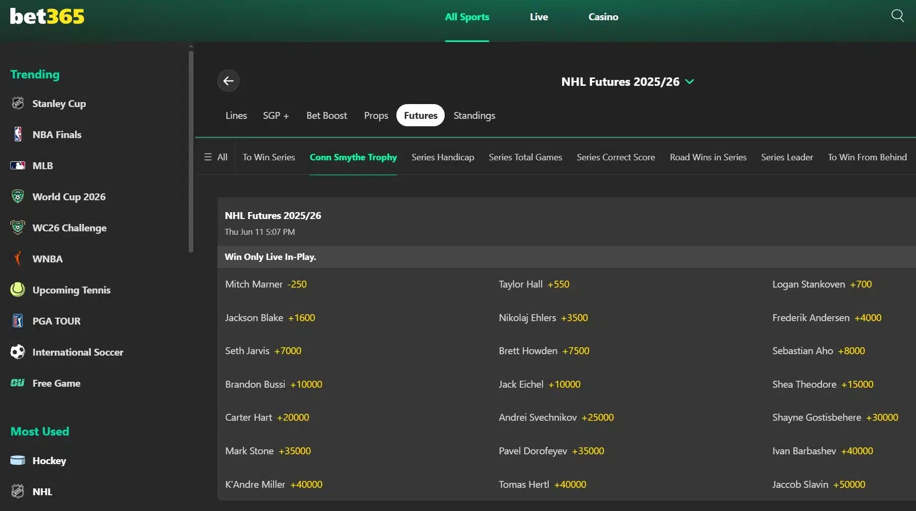A screenshot fo bet365's Conn Smythe odds