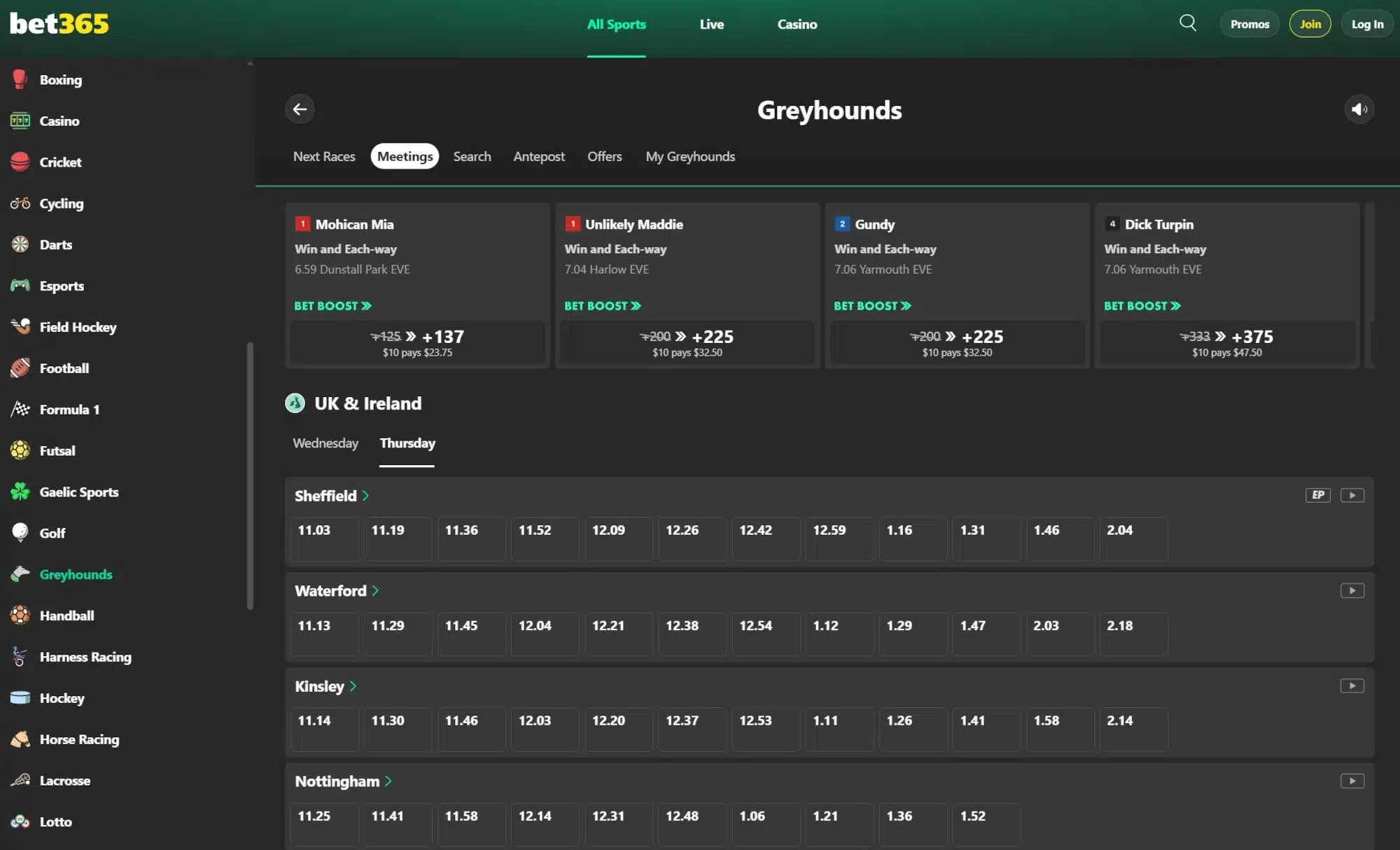 A screenshot of bet365 displaying its greyhound odds