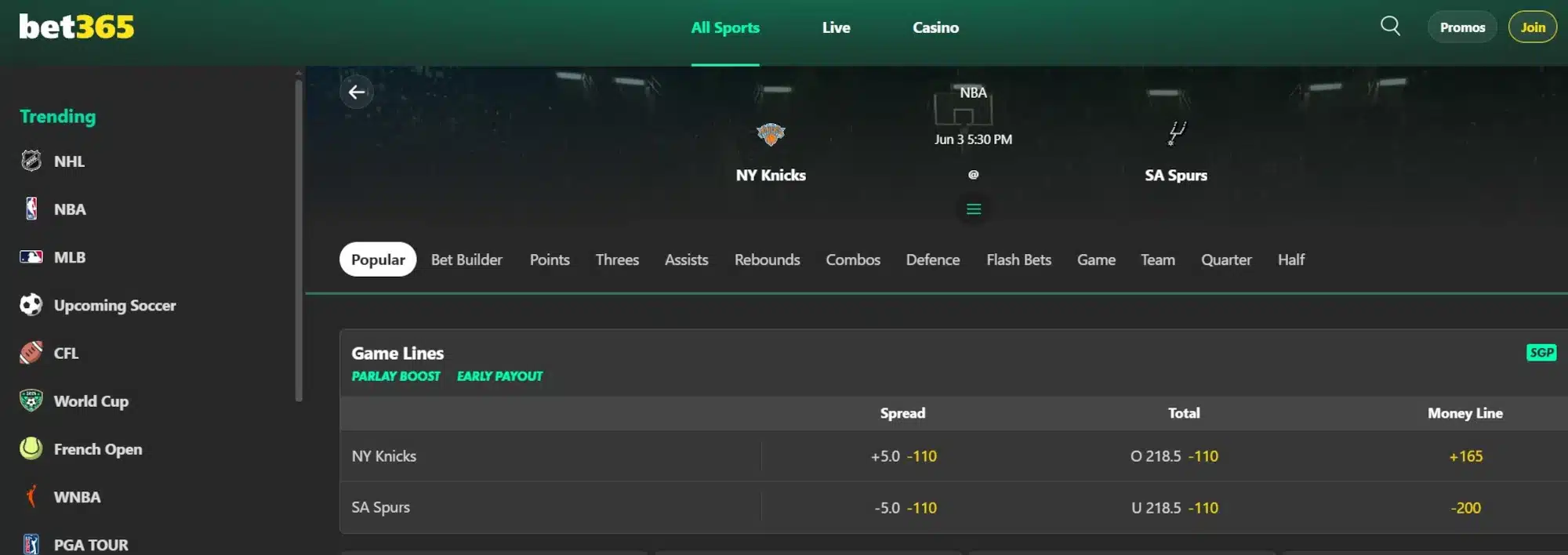A screenshot displaying NBA Championship odds from bet365